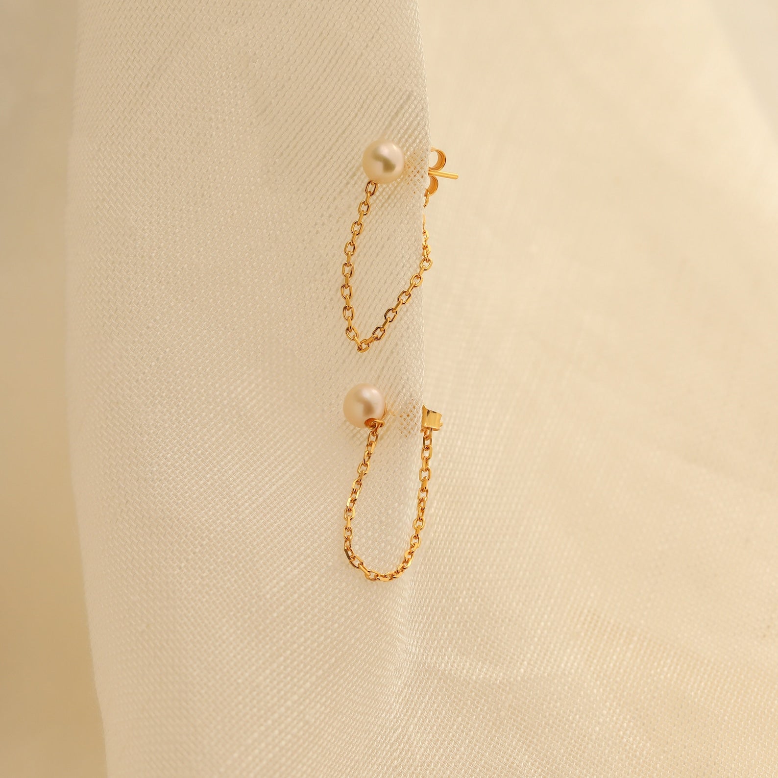 Pearl Chain Studs 18K Gold